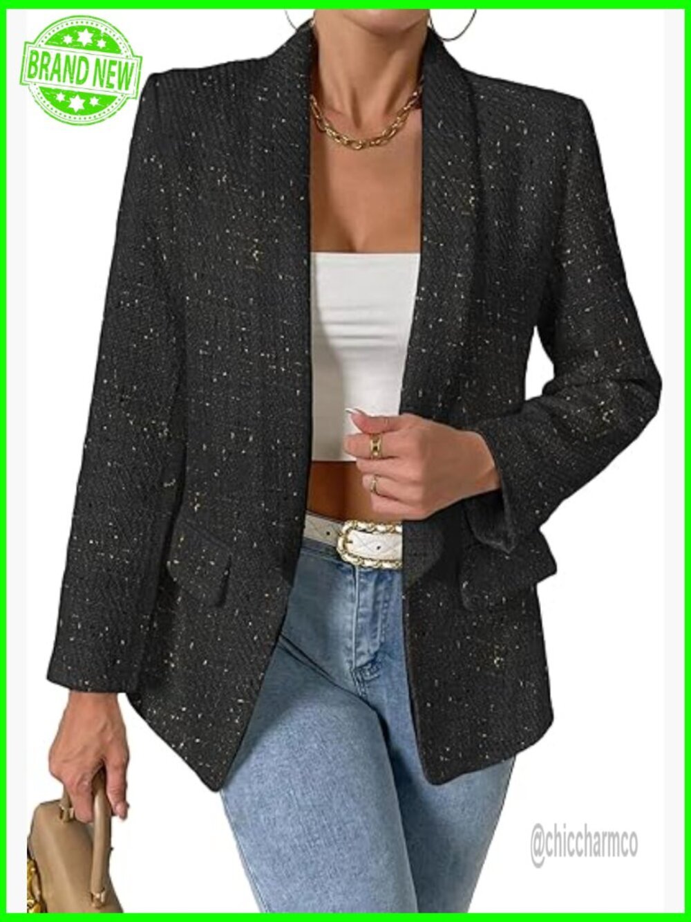 Tweed Blazer Jacket Shawl Lapel Open Front Business Casual Suit with Pockets